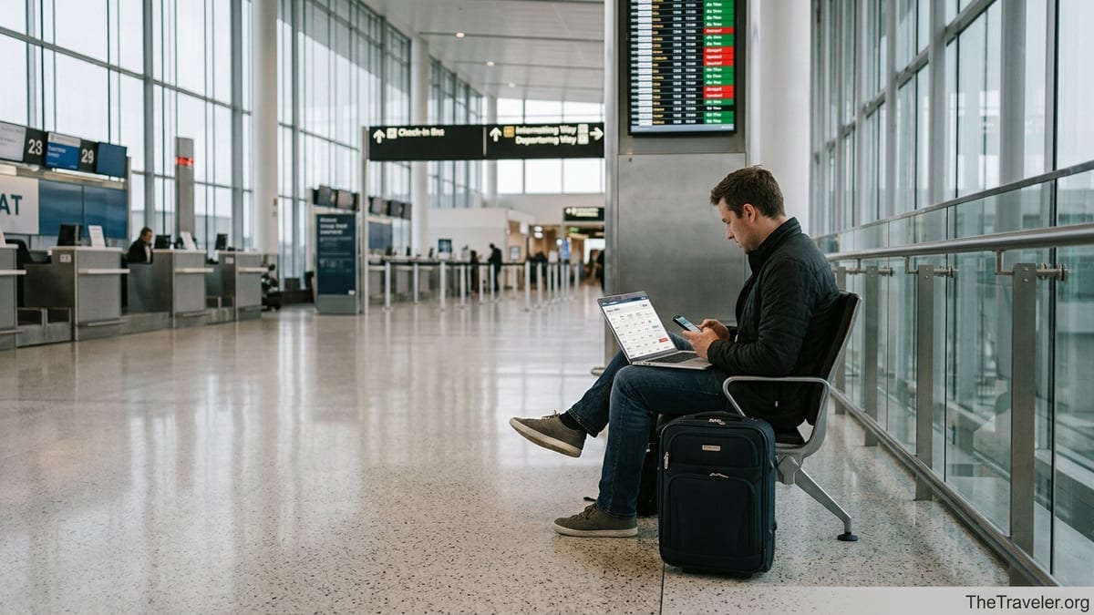 Traveler comparing flight prices on a laptop in a bright airport departure hall.