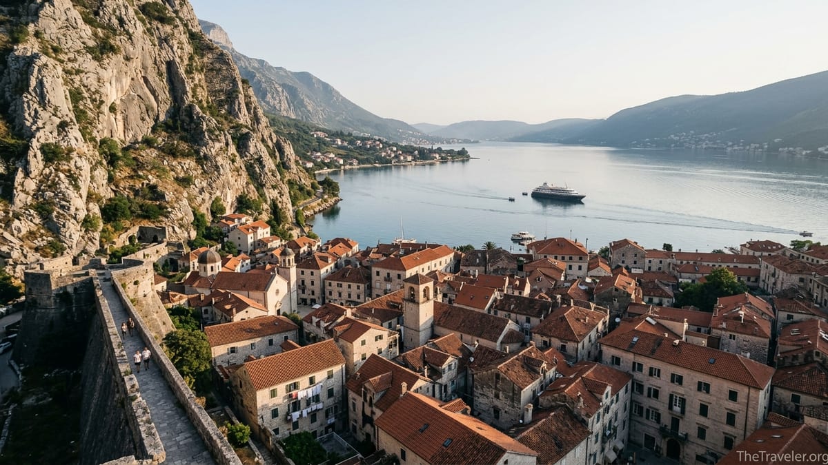 Aerial view of Kotor’s old town and Bay of Kotor from the fortress at sunrise.