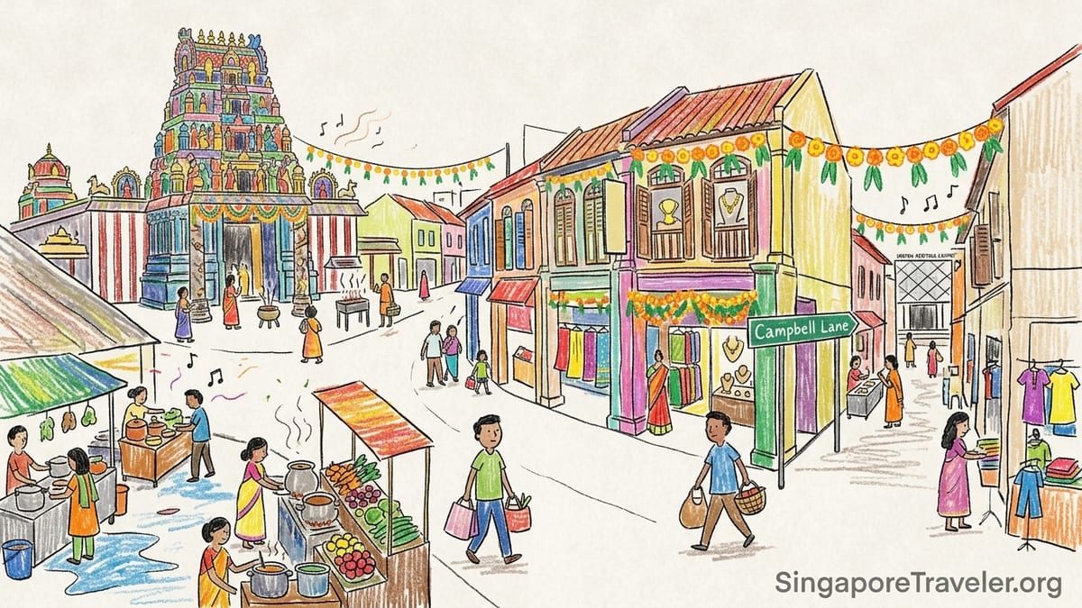 Evening street scene in Singapore’s Little India with colorful shophouses, crowds, and a temple tower in the background