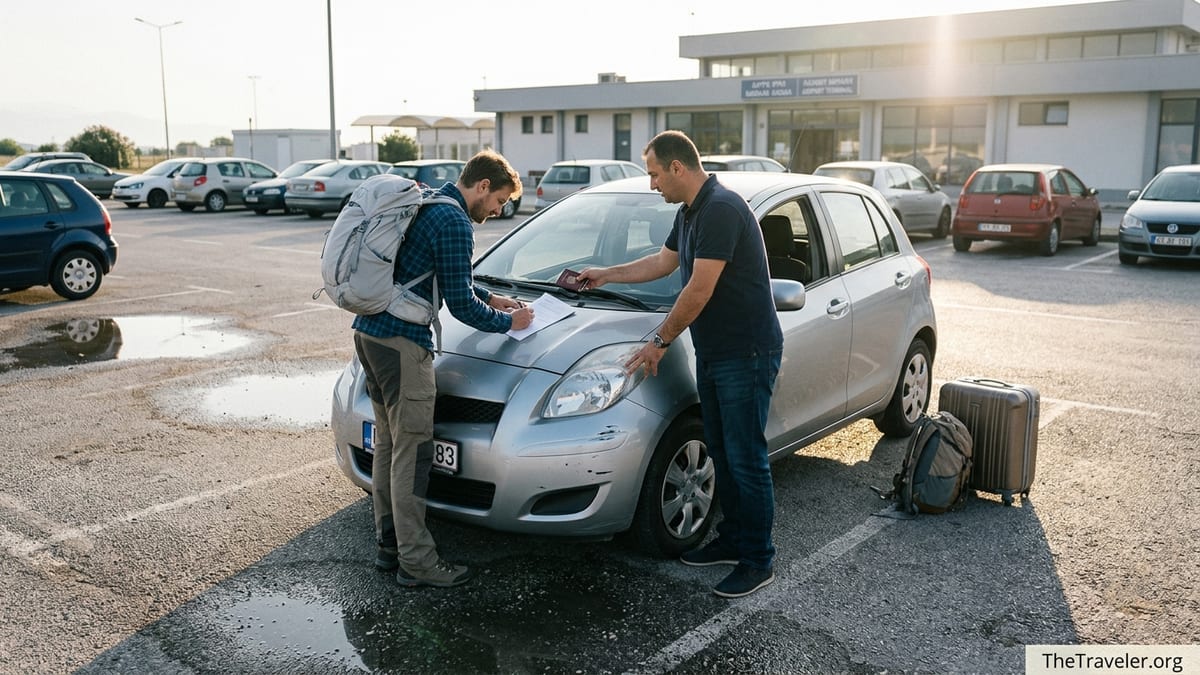 Traveler meeting a local car rental owner at a small airport parking lot beside a compact car.