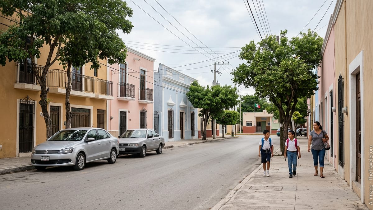 Family with children walking along a quiet residential street in Mérida, Mexico.