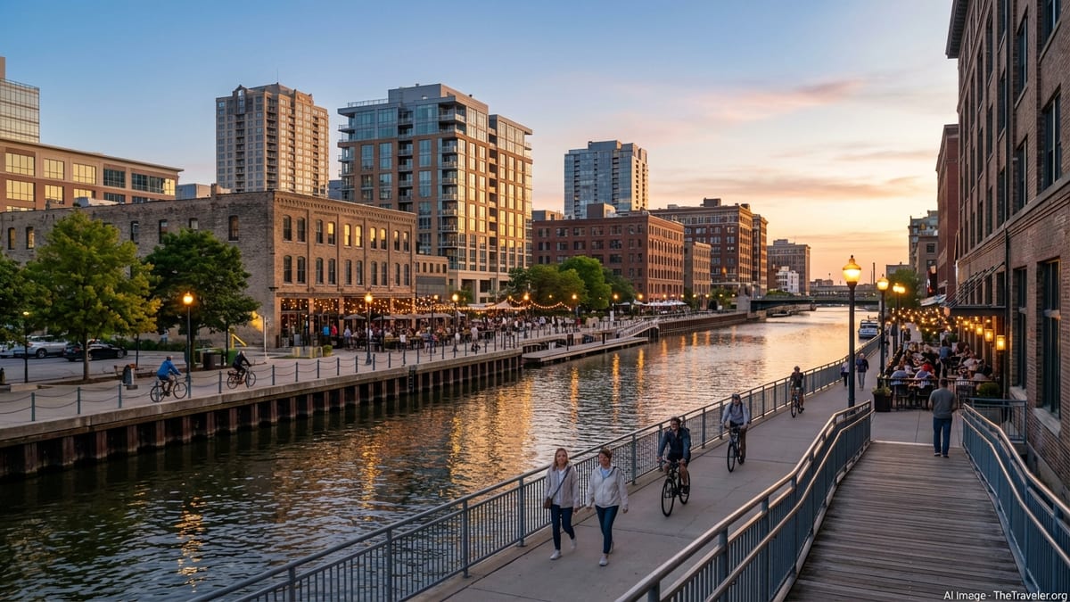 Early evening view of Milwaukee RiverWalk with pedestrians, river, and downtown buildings.