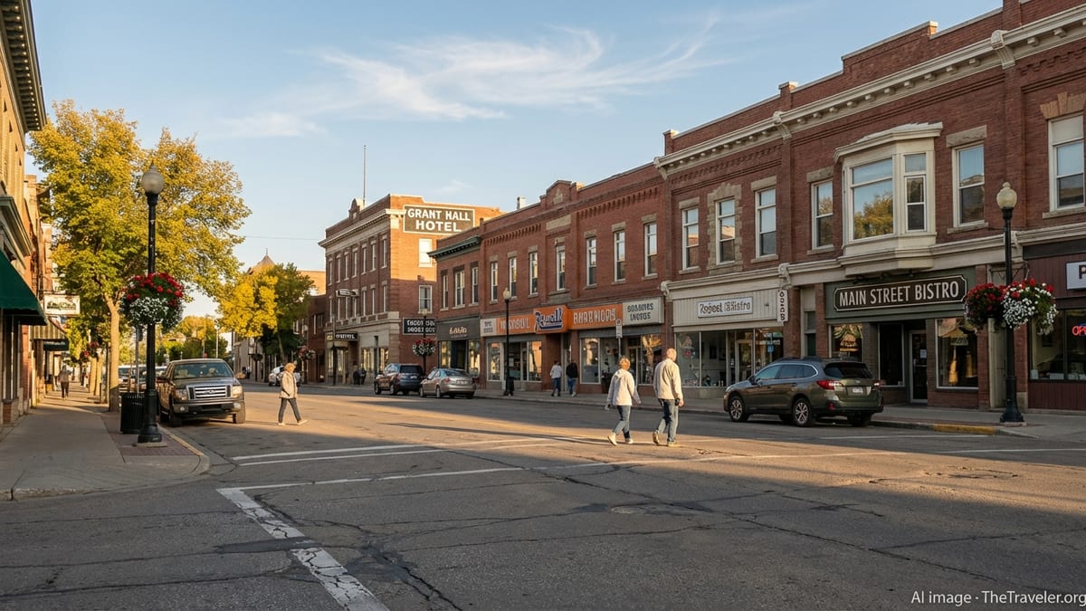Historic downtown Moose Jaw main street in late afternoon light with people walking and parked cars.