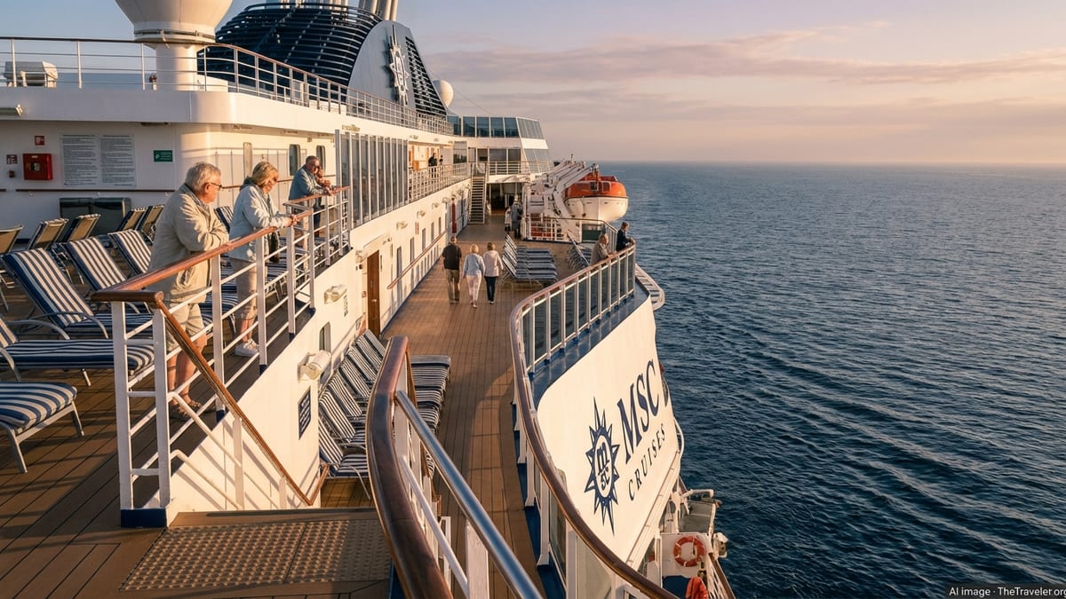 Passengers on an MSC cruise ship deck at sunset with calm sea and visible safety equipment.