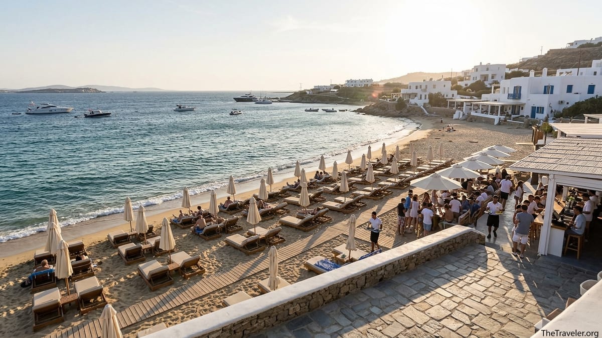 Sunset over a lively Mykonos beach with whitewashed buildings and crowded sunbeds.