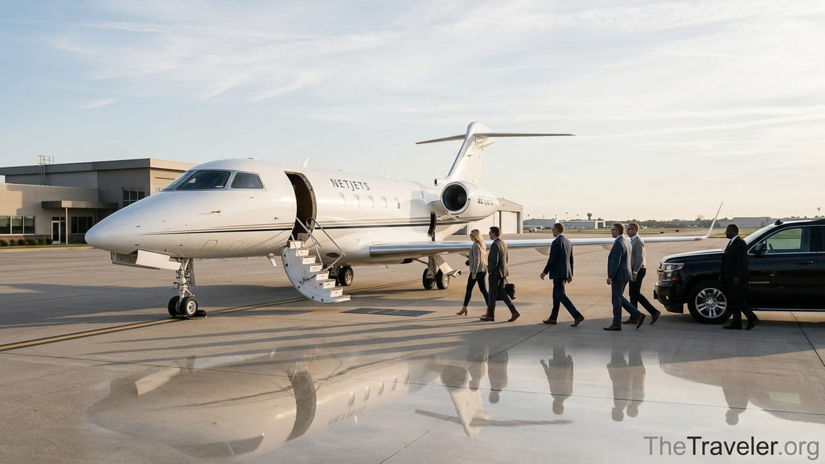 NetJets private jet on the tarmac as business travelers walk toward a waiting car