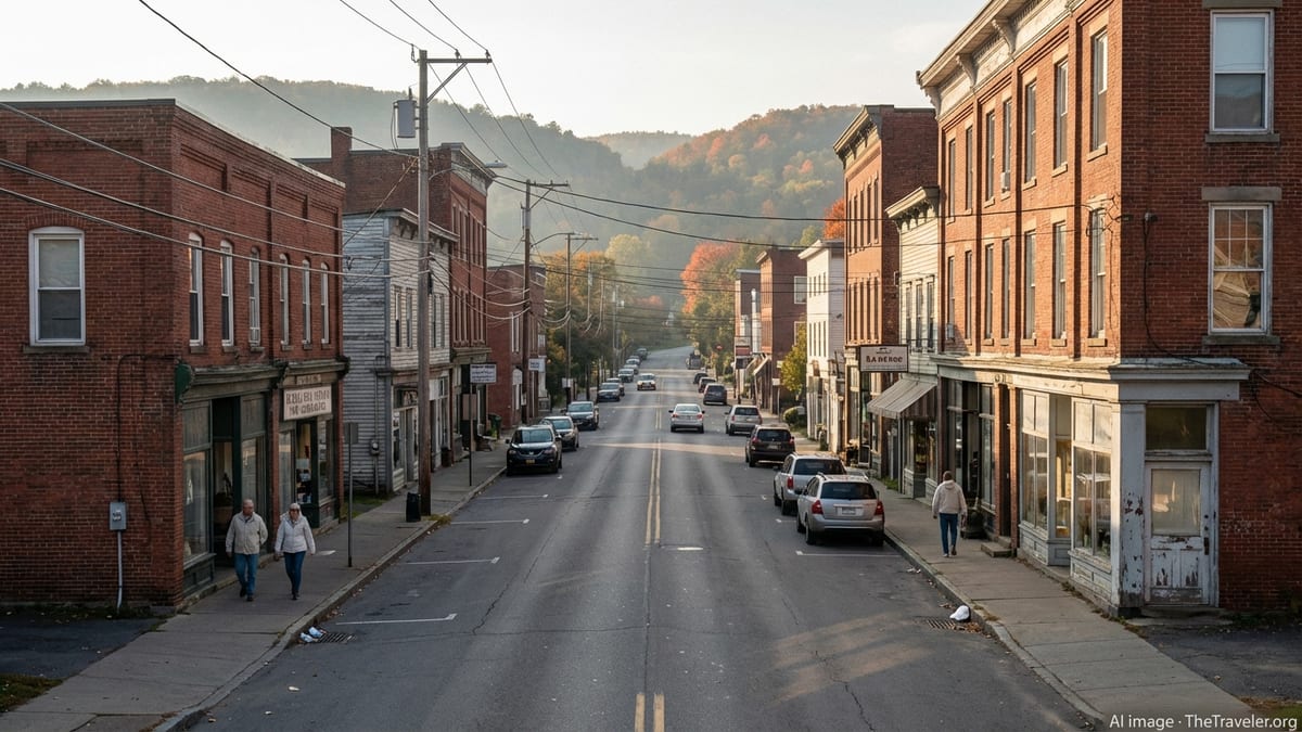 Autumn evening on a small upstate New York main street with brick storefronts and tree covered hills.