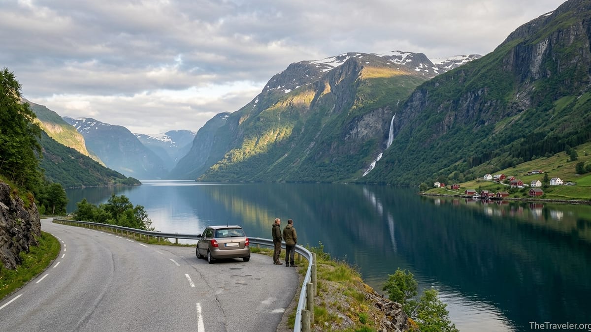Travelers looking over a Norwegian fjord from a roadside viewpoint in soft evening light.