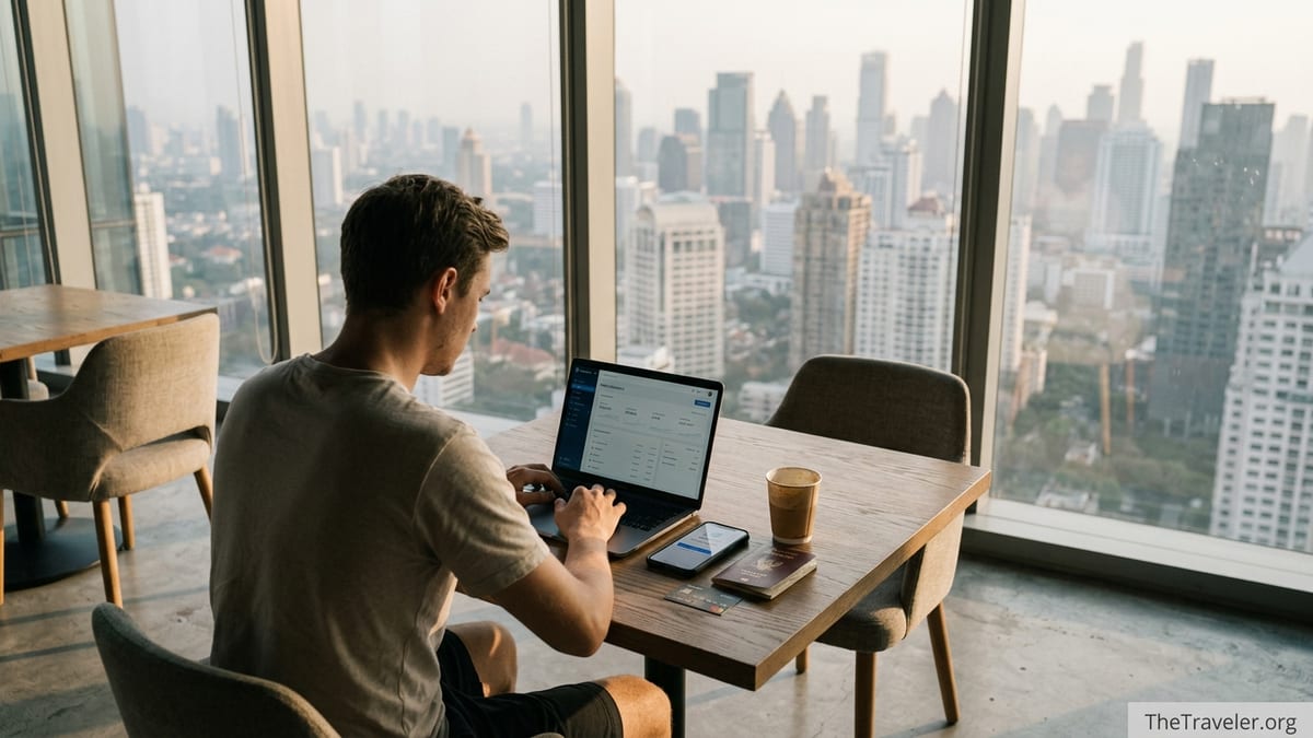 Digital nomad managing international payments on a laptop in a coworking space with a city skyline view.