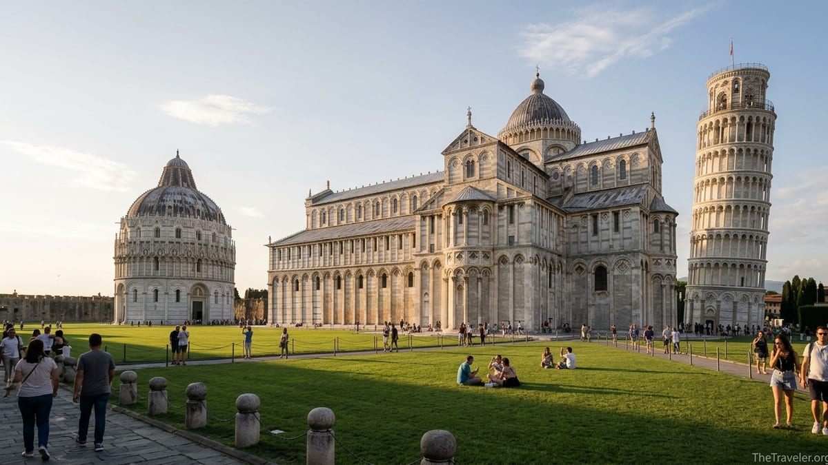 Leaning Tower of Pisa and Cathedral at golden hour with visitors on the lawn