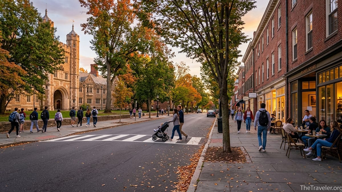 Early evening street view of downtown Princeton with campus buildings, shops, and people walking under autumn trees.