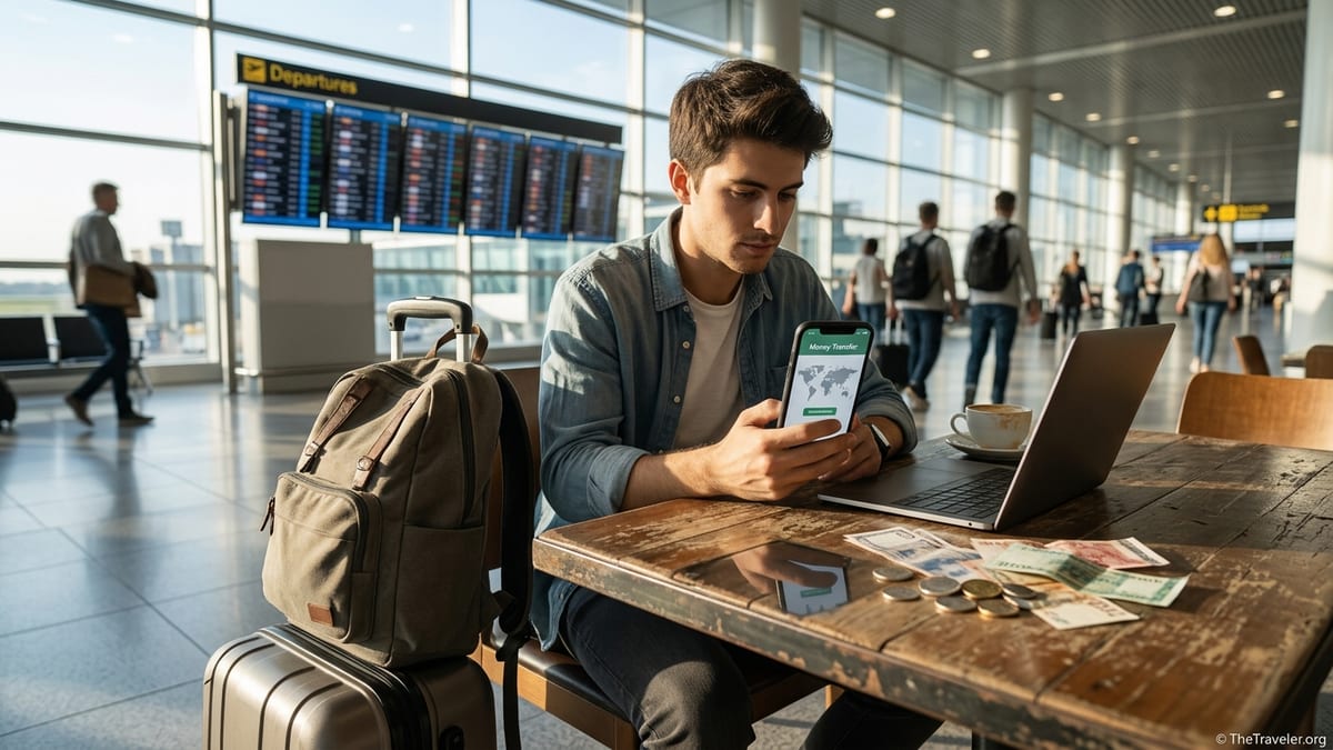 Traveler in airport lounge using a phone to send money abroad with cash and laptop on table.