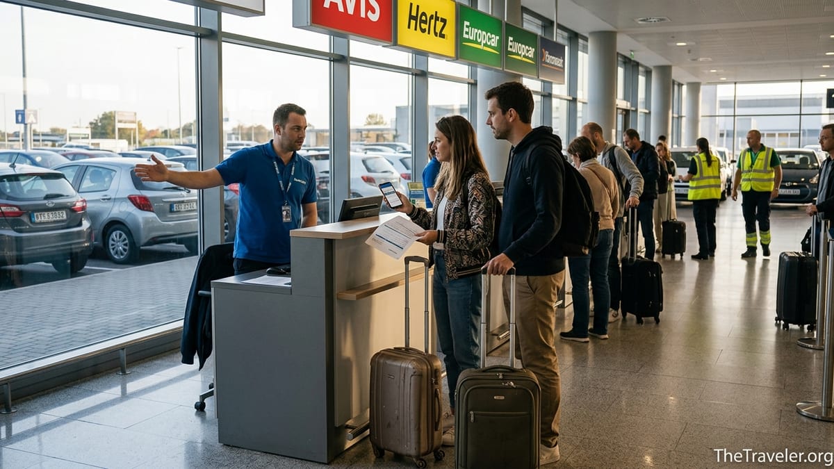 Travelers with luggage discussing a rental car booking at a busy airport rental desk.
