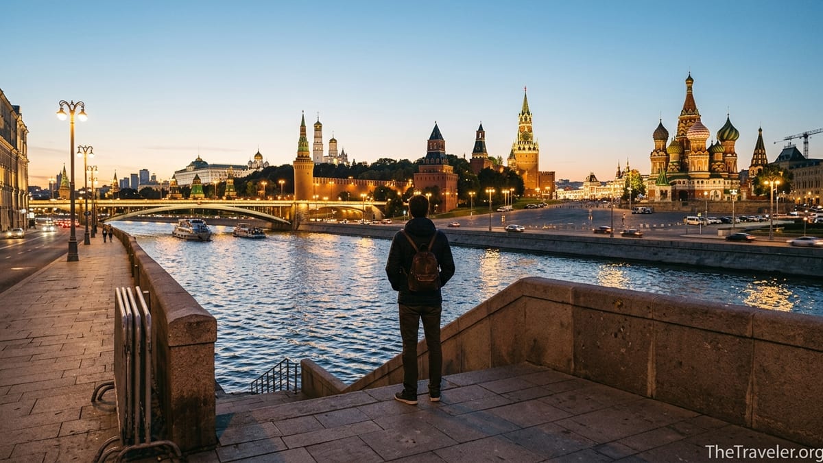 Traveler at dusk overlooking the Kremlin and Moskva River lights in central Moscow.