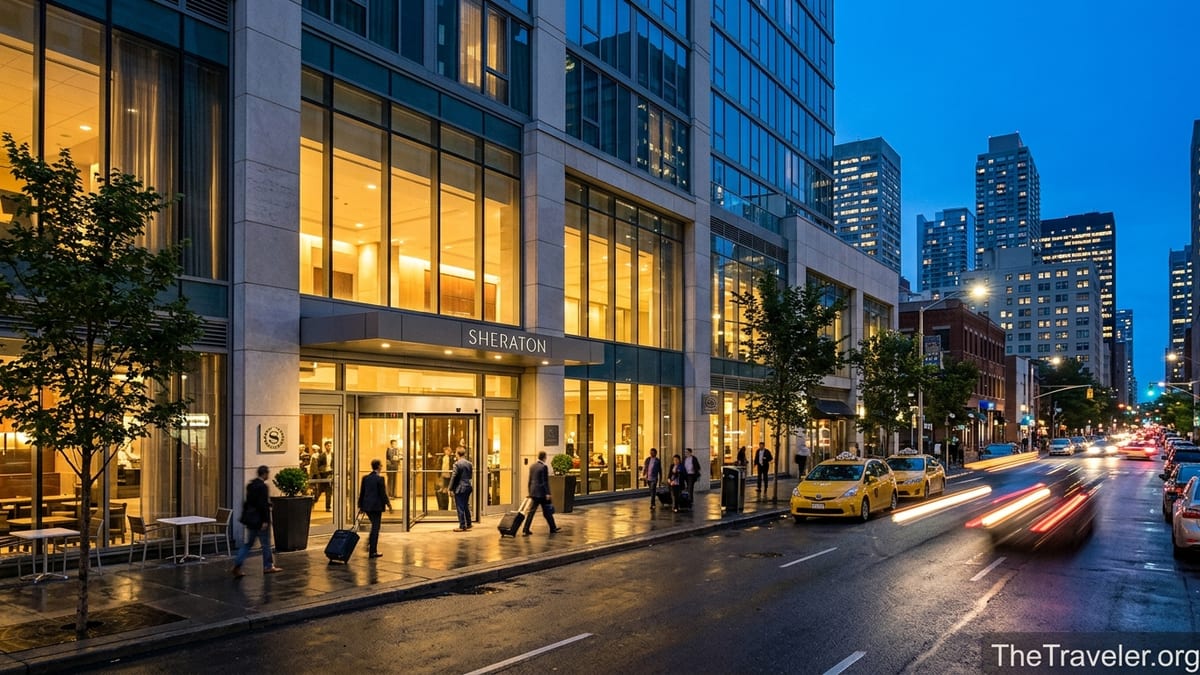 Travelers with luggage enter a glowing Sheraton hotel on a busy city street at dusk.