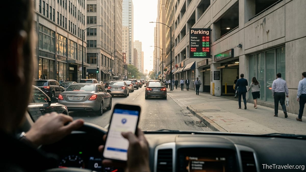 Drivers using a parking app while approaching a downtown Chicago parking garage at golden hour.