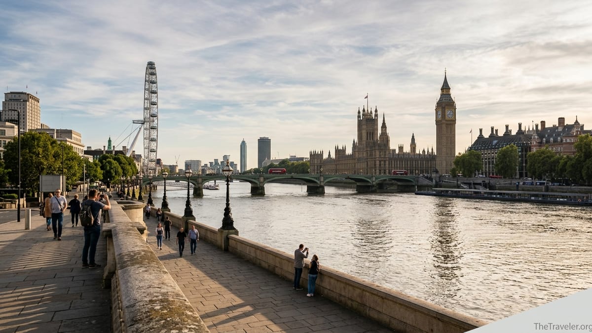 Golden hour view of London’s Westminster Bridge, Big Ben and the Thames with people walking along the South Bank.