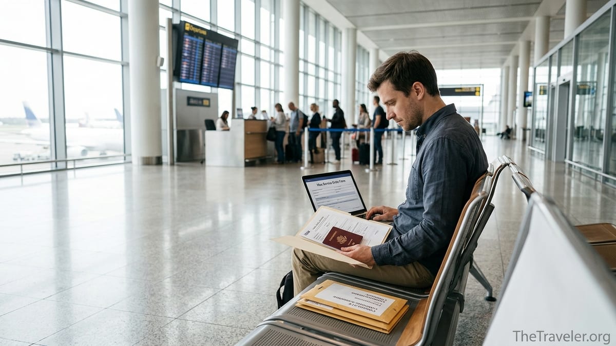 Traveler checking passport and visa paperwork in a busy airport terminal.