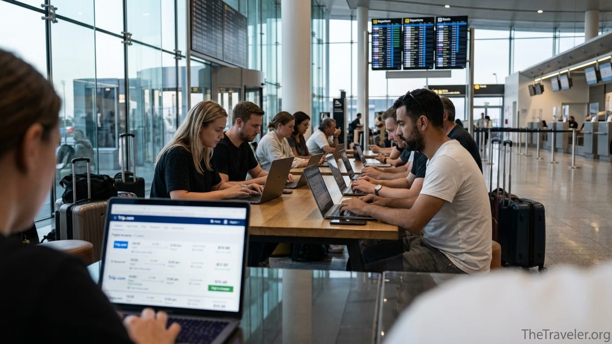 Travelers in an airport comparing Trip.com prices with other booking sites on laptops.