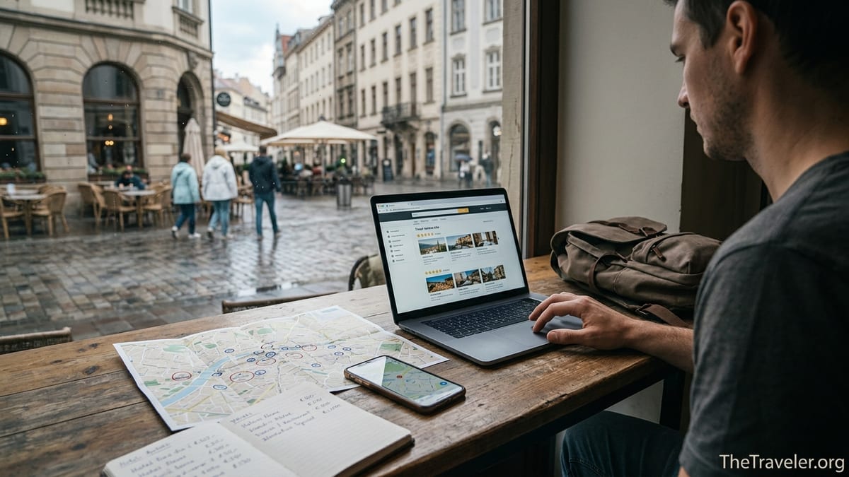 Traveler comparing online hotel reviews and a paper map at a small hotel desk.