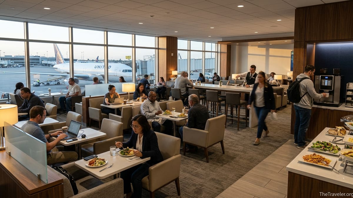 Travelers relaxing and working inside a modern United Club lounge overlooking a United aircraft at sunset.