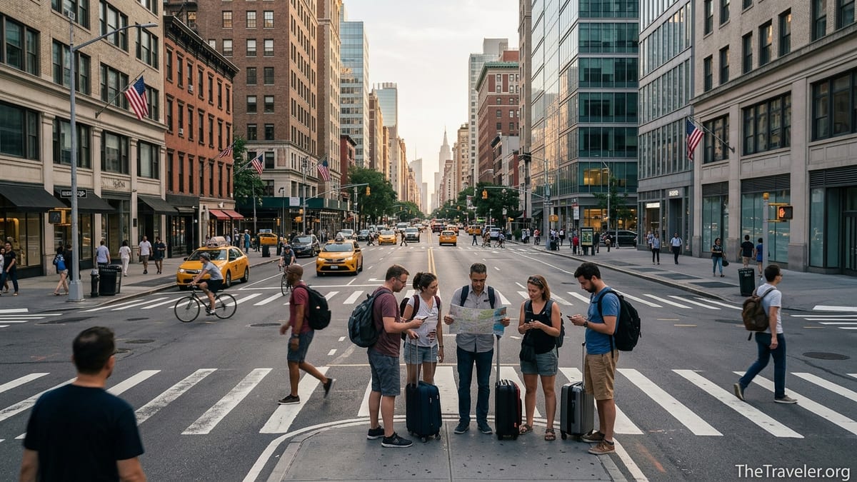 International tourists waiting at a busy U.S. city crosswalk with taxis and skyscrapers.