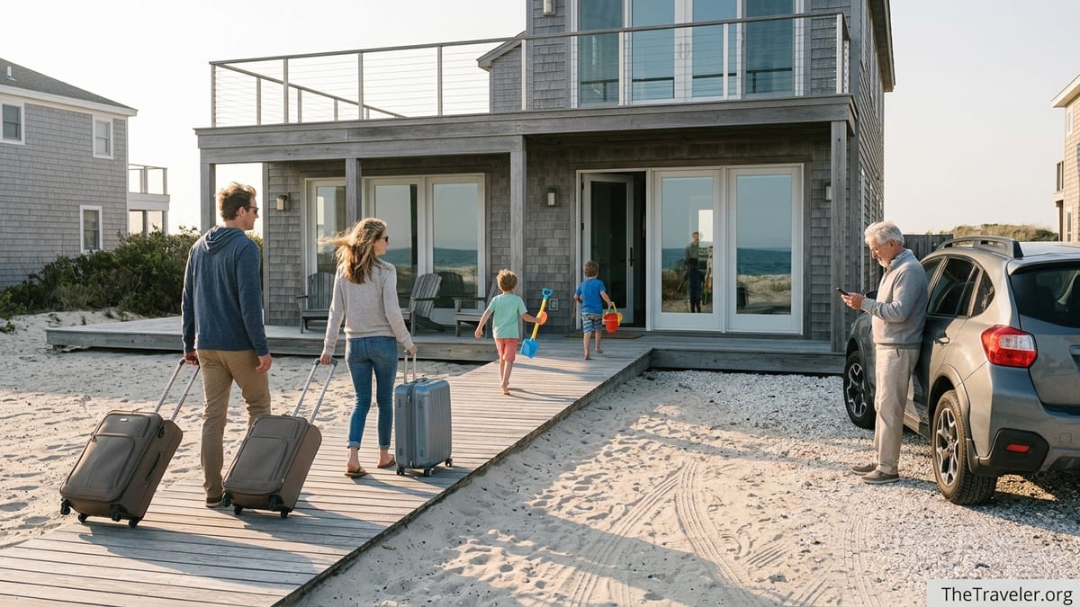 Family arriving at a beachfront vacation rental home with luggage at sunset.