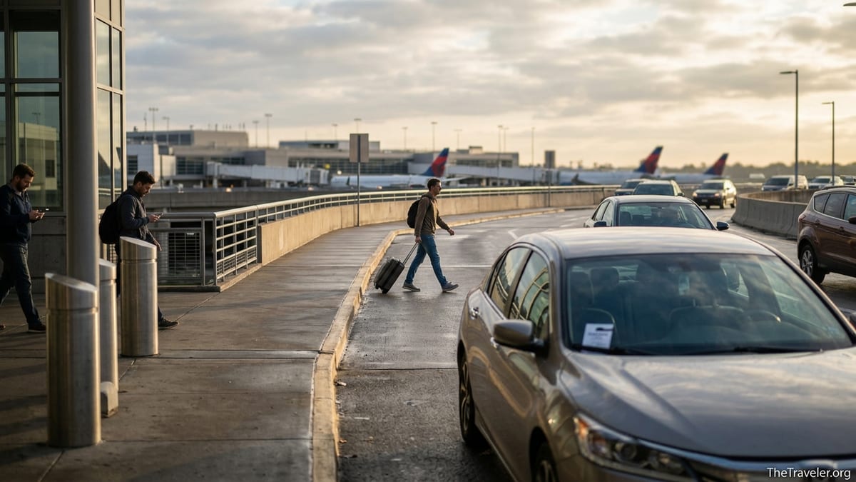 Traveler walking through off-airport parking lot at sunrise toward airport shuttle pickup.