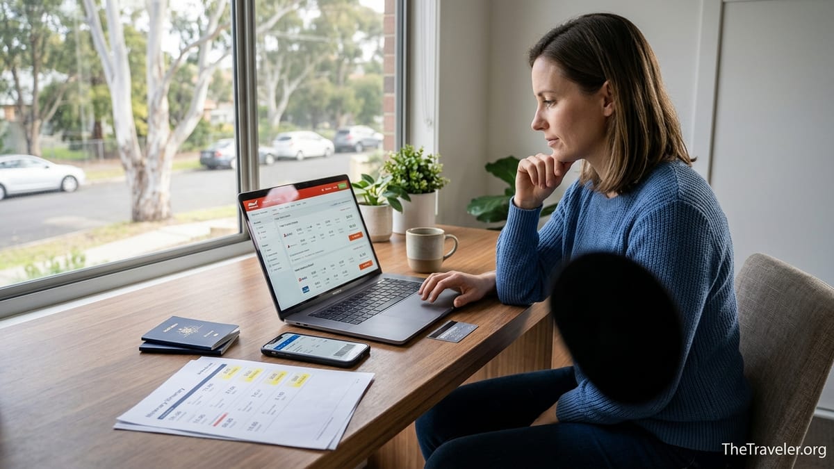 Traveler comparing flight and hotel options on a laptop at a home office desk.