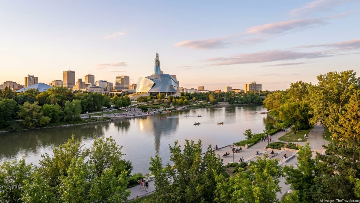 Winnipeg skyline and Canadian Museum for Human Rights seen from The Forks at summer sunset