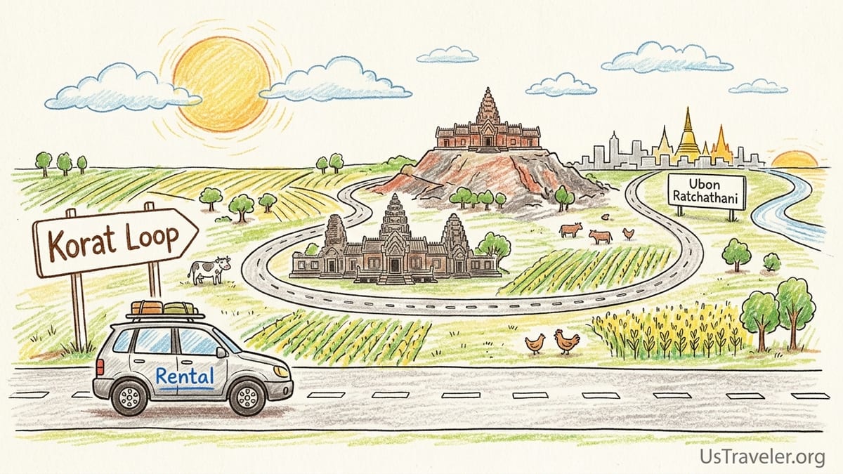 Rental car near Phanom Rung Historical Park at sunrise on an Isan road trip in Thailand.
