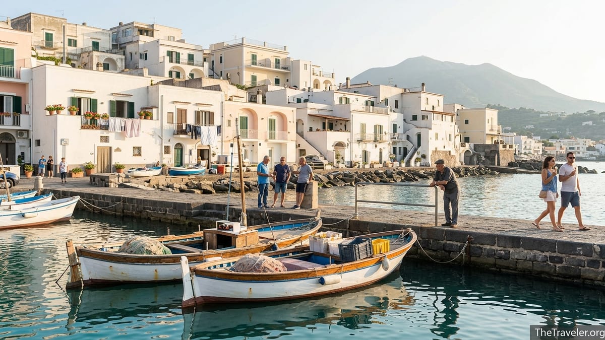 Harbor in Forio, Ischia with fishing boats and whitewashed houses at sunset.