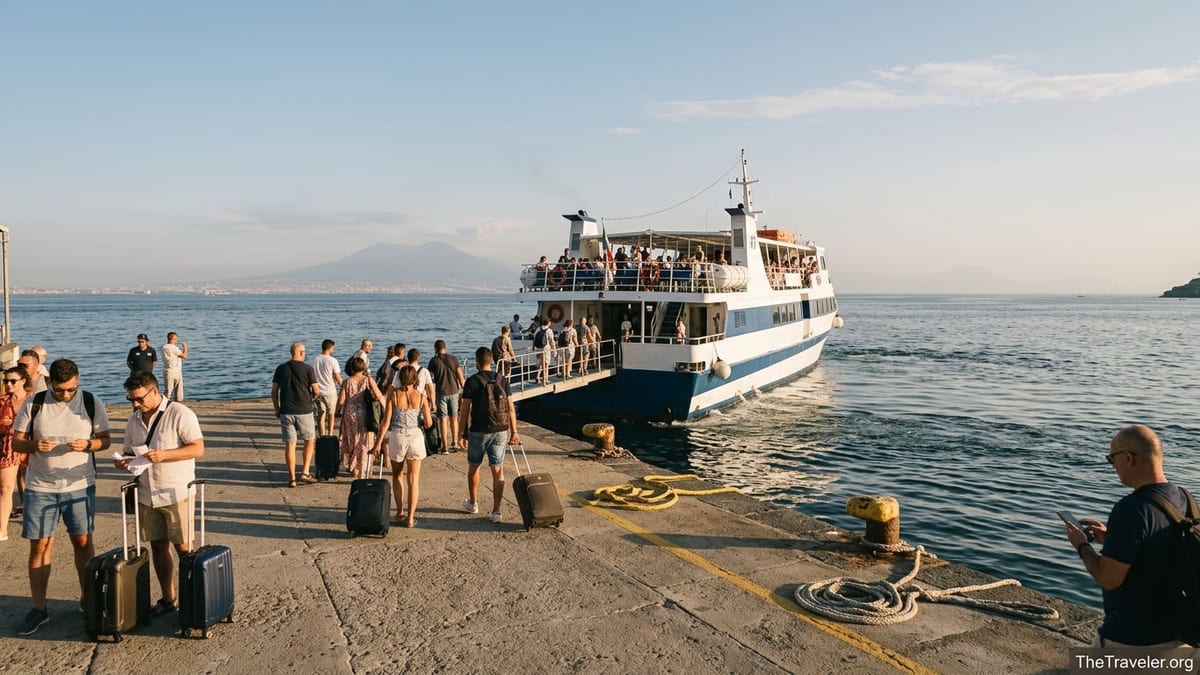 Travelers boarding an Ischia ferry to Naples on a sunny afternoon at the island port.