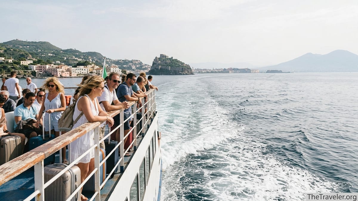 Passengers on a ferry from Ischia to Naples looking toward the Bay of Naples and city skyline.