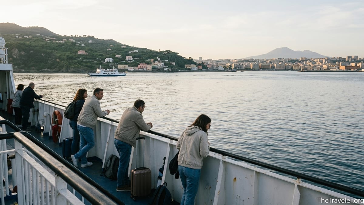 Passengers on a ferry from Ischia to Naples with Vesuvius and city skyline in the distance.