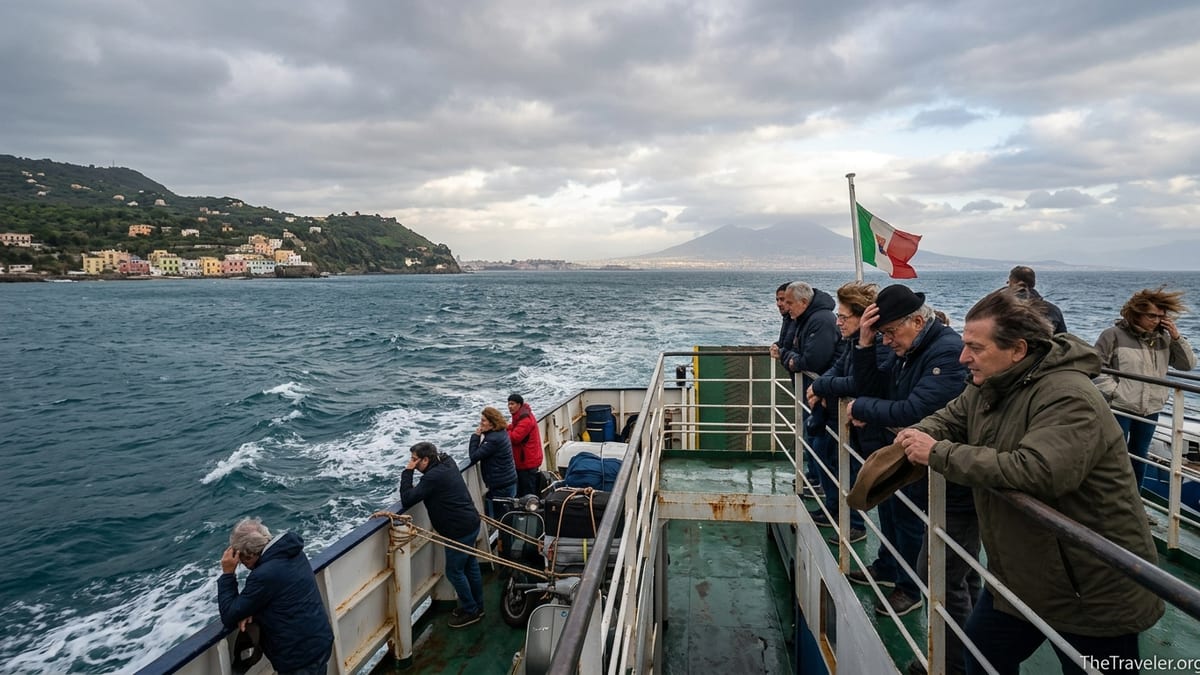 Ferry deck leaving Ischia for Naples under choppy seas and cloudy skies