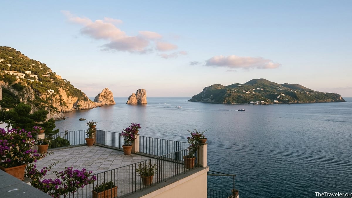 Distant view of Capri’s cliffs and green Ischia across a calm Bay of Naples at golden hour.