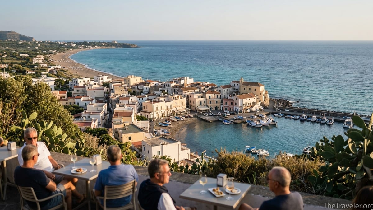 View over Sant’Angelo and Maronti Beach in Ischia at golden hour, with harbor, pastel houses, and calm sea.