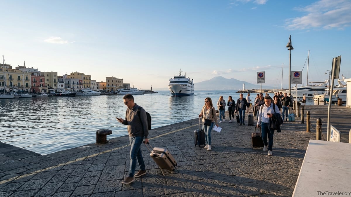 Travelers with luggage walking along Ischia harbor quay as a ferry departs toward Naples in warm afternoon light.