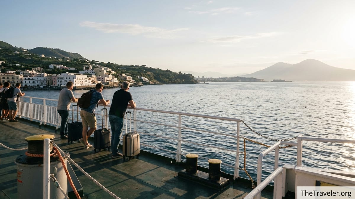 Ferry deck leaving Ischia at sunset with view toward Naples and Mount Vesuvius.