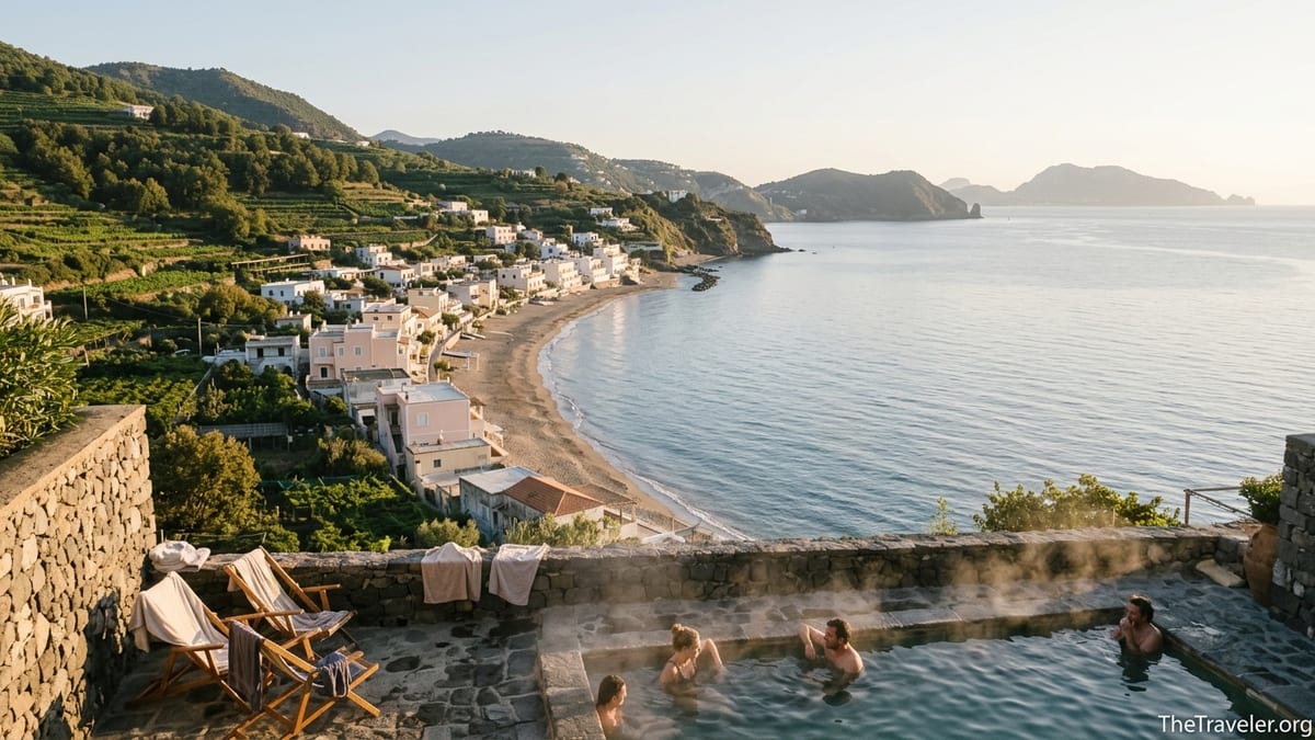 Sunrise view of Ischia’s sandy coast with vineyards, thermal pool, and Capri in the distance.
