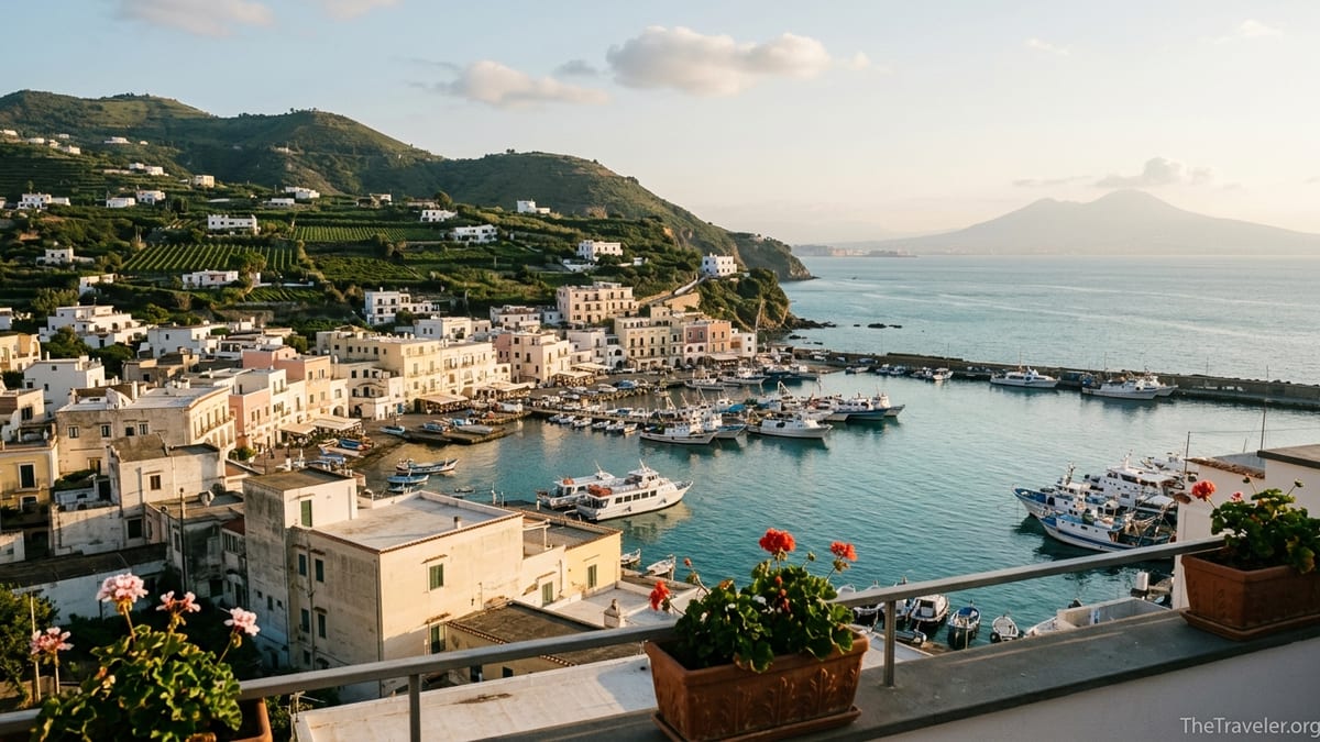 View over Ischia Porto and its harbor at sunset with boats and pastel houses.