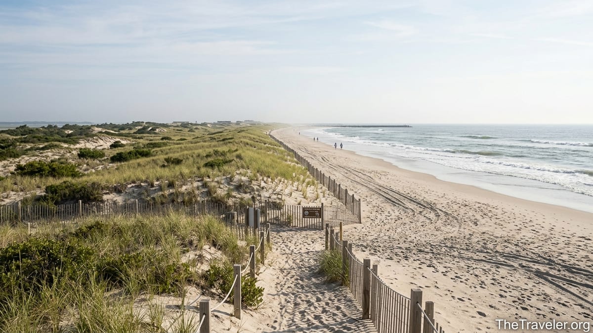 Dune path with rope fence leading to the ocean at Island Beach State Park on a clear morning.