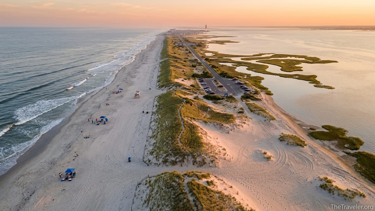 Aerial view of Island Beach State Park showing empty dunes, ocean surf, and calm bay at golden hour.