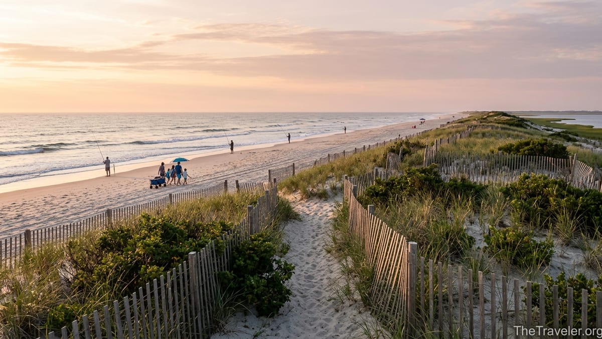 Sunrise over the beach and dunes at Island Beach State Park with anglers and swimmers arriving.