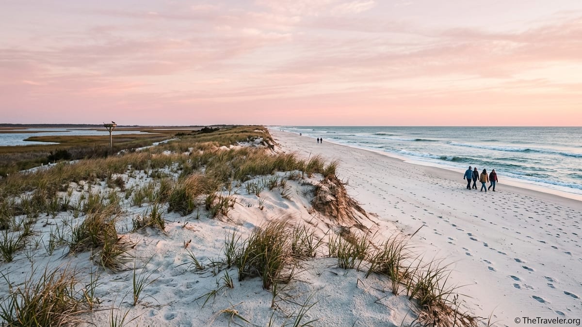 Sunrise over the undeveloped beach and dunes at Island Beach State Park, New Jersey.