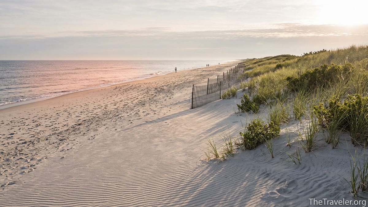 Untouched dunes and quiet shoreline at sunrise in Island Beach State Park, New Jersey.