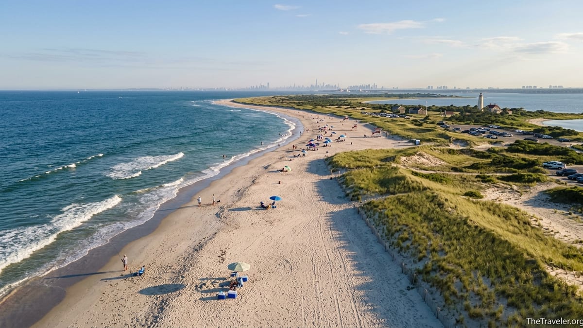 Aerial view of Island Beach State Park and Sandy Hook showing contrasting crowds, dunes, and Atlantic shoreline.