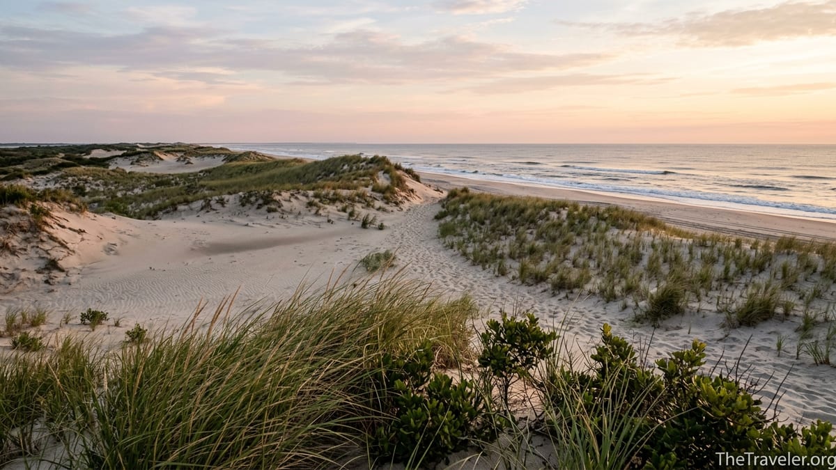 Wild sand dunes and dune grass at sunrise at Island Beach State Park, New Jersey.