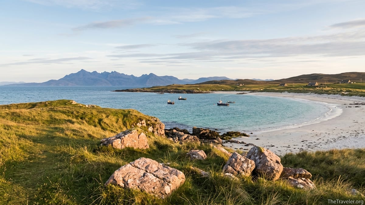 Golden hour view over a white sand bay on the Isle of Mull with distant mountains across the water.